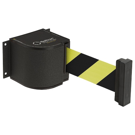 Lavi Industries Wrinkle Black Wall Mount, 18'L Safety Black/Yellow Retractable Belt Barrier 18/SF/WL/WB/ST